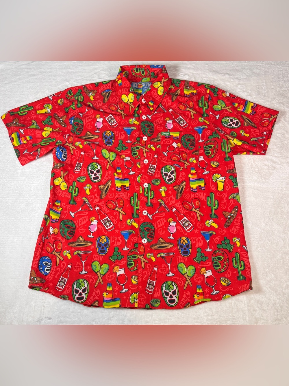 DIXXON Red Short-Sleeve Button-Down with Festive Mexican Print